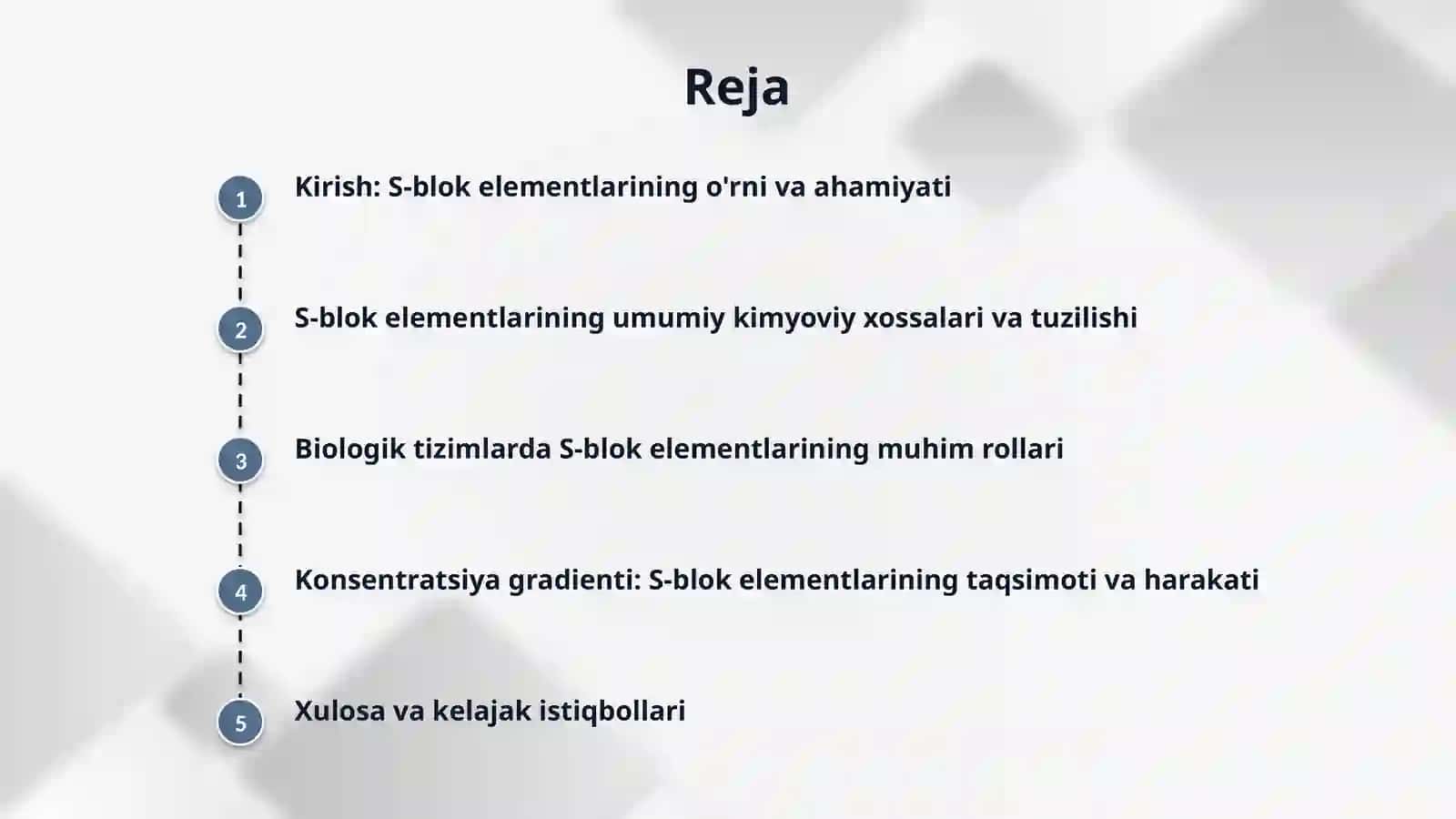 S-blok elementlarining umumiy tavsifi. Biologik roli. Konsentratsiya gradienti. 2