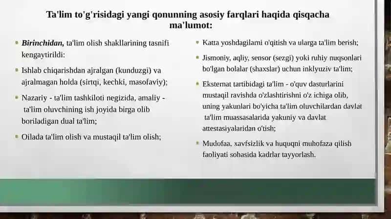 O'ZBEKISTON RESPUBLIKASIDA TA'LIM  SOHASIDA AMALGA OSHIRILGAN ISLOHOTLAR 2