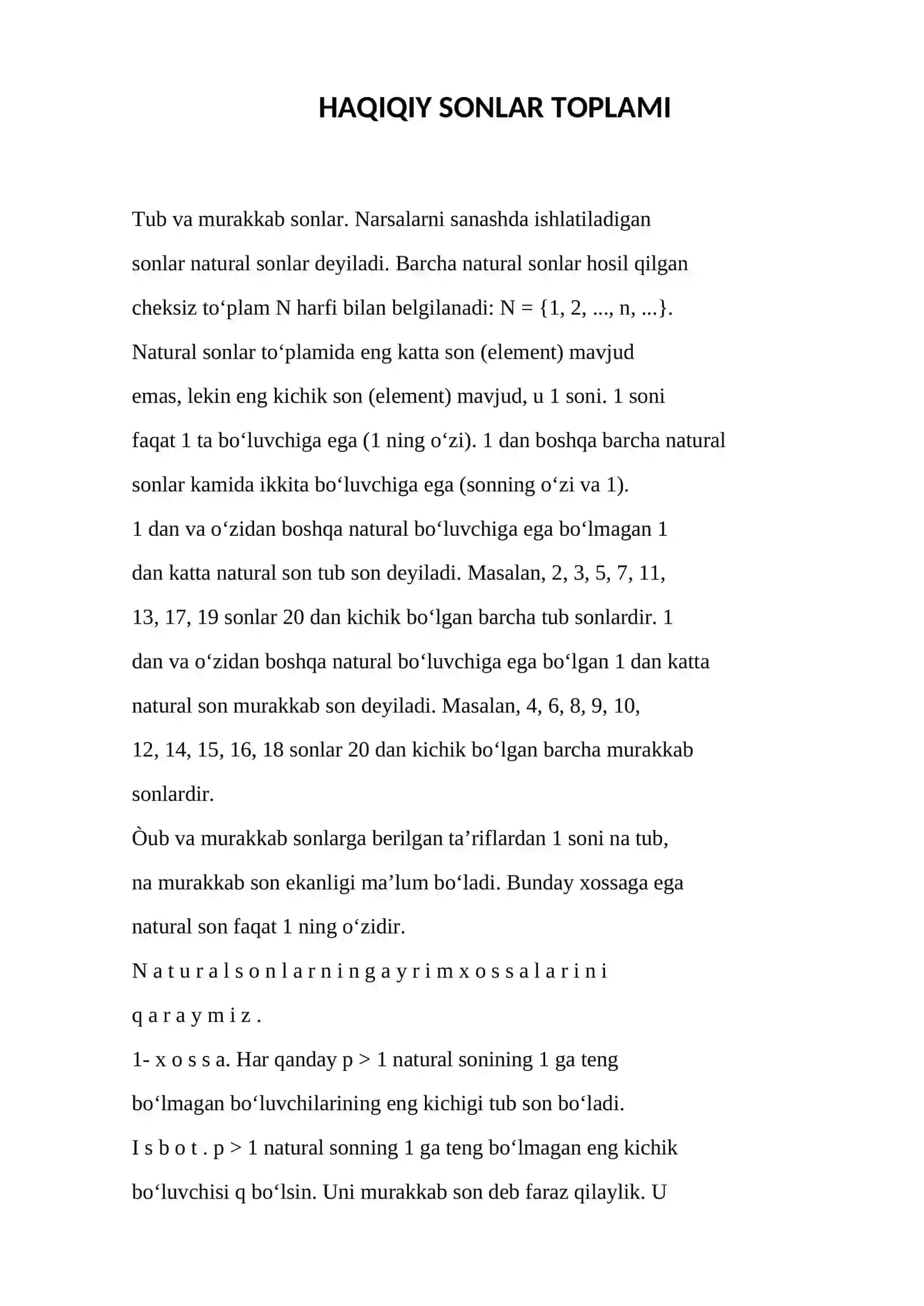 Matematik Analiz: HAQIQIY SONLAR TOPLAMI 2