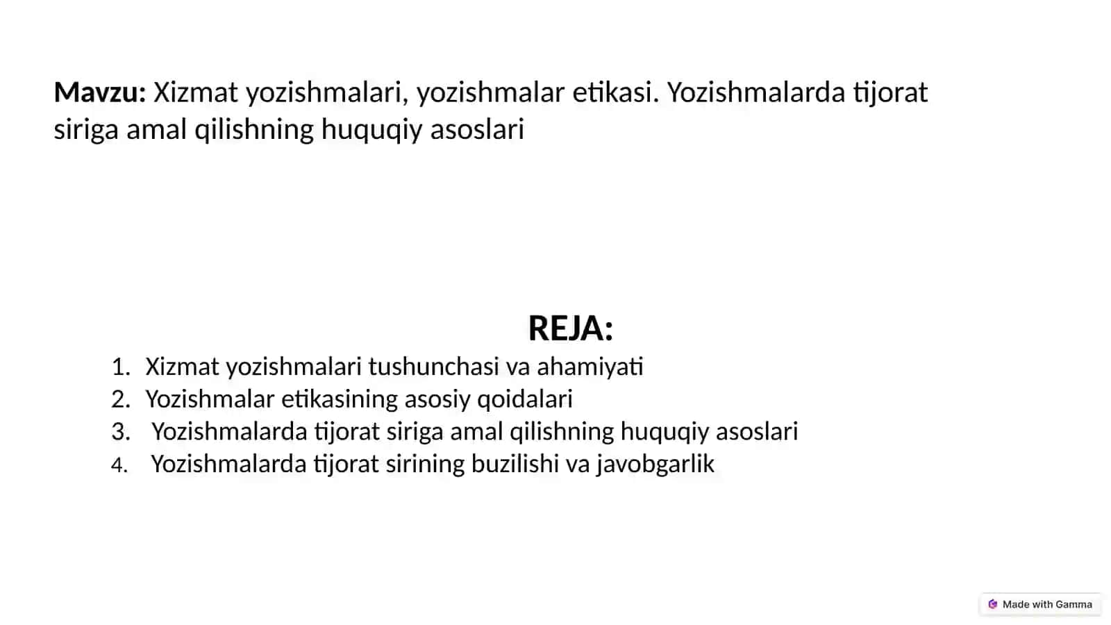 Xizmat yozishmalari - Etika va Huquqiy Asoslar 2