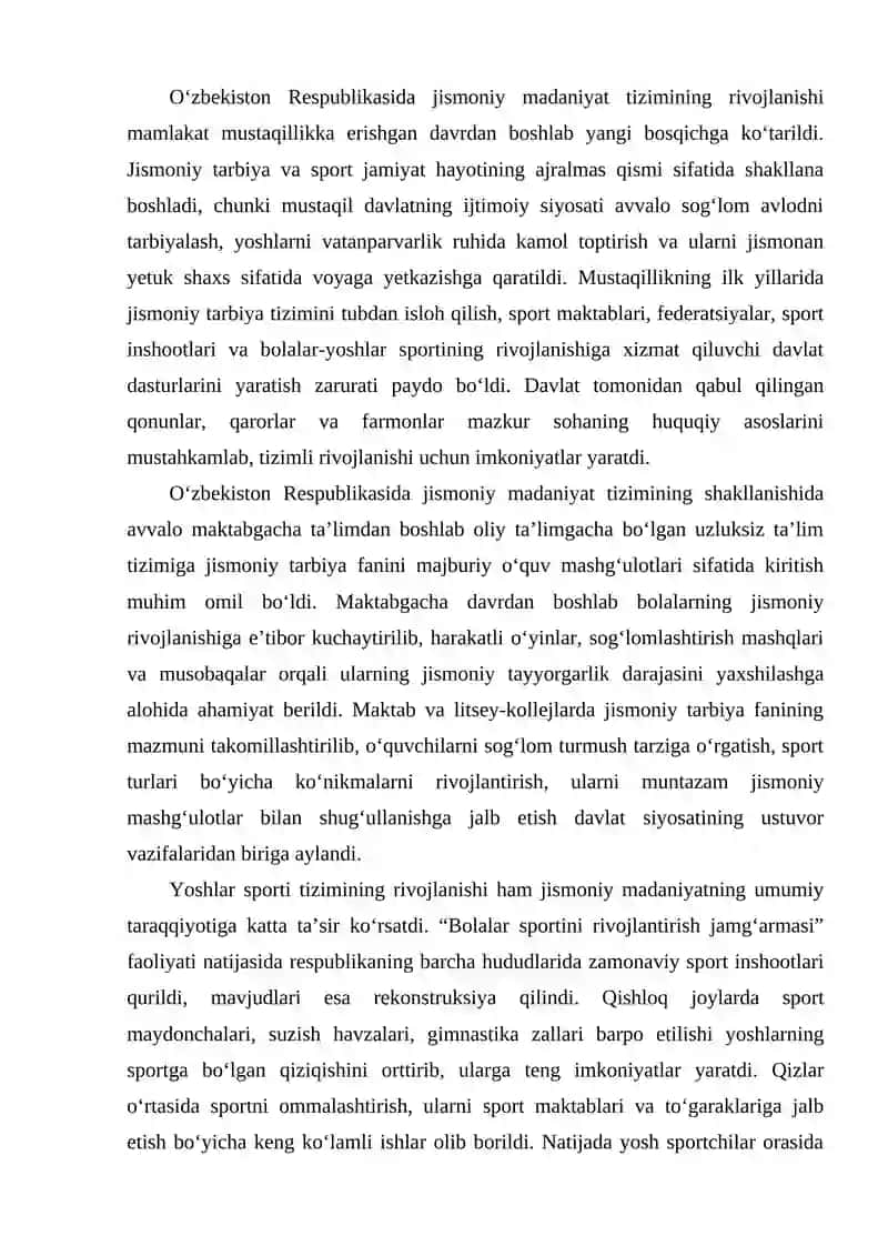 O‘zbekiston Respublikasinda jismoniy madaniyat tizimini rivojlanishining umumiy tasnif 2
