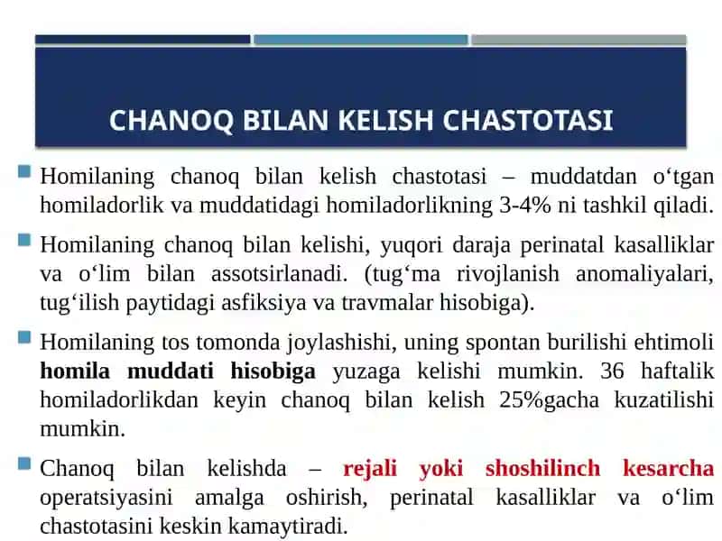 Homilaning Chanoq bilan kelish holatlarida homiladorlikni olib borish 2
