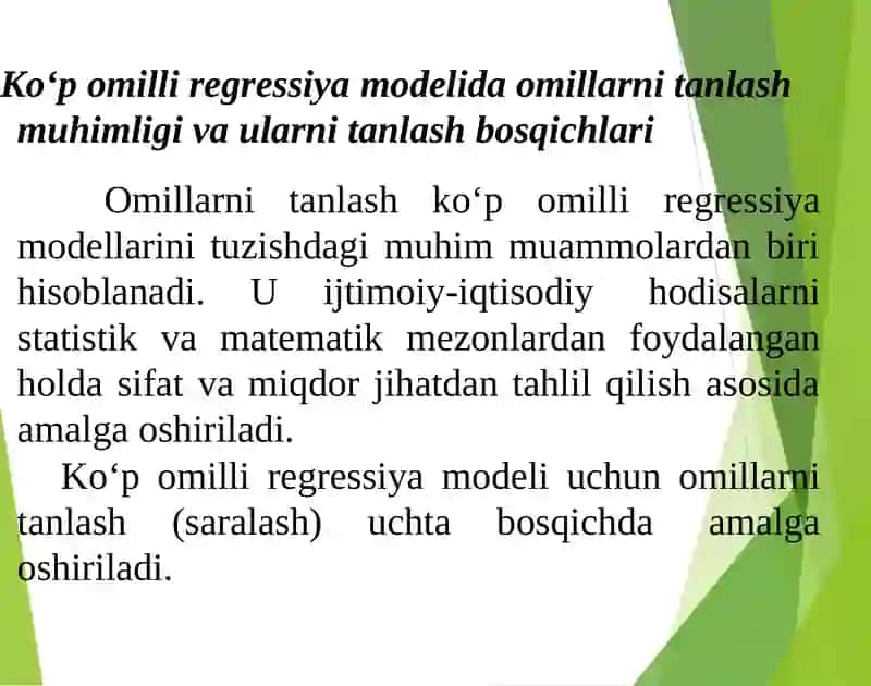 Ko‘p omilli regressiya modelida omillarni tanlash muhimligi va ularni tanlash bosqichlari 2