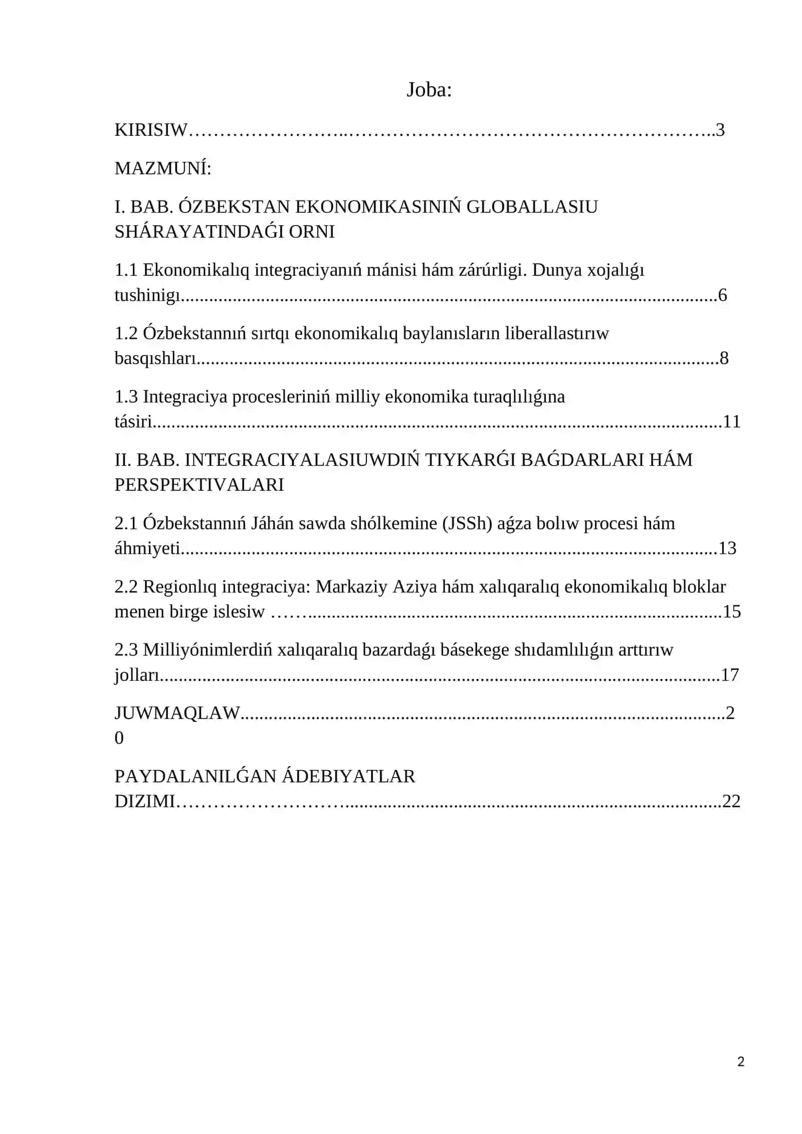 Ózbekstannıń dúnya ekonomikalıq sistemasına integraciyalanıwı: Jaǵdayı hám rawajlanıw perspektivaları 2