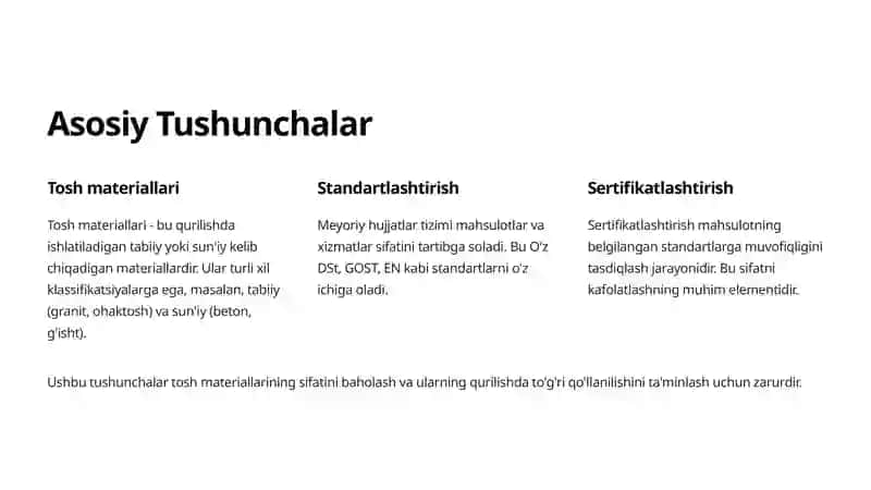 Tosh Materiallari va Ularning Meyoriy Hujjatlarga Talablari 2