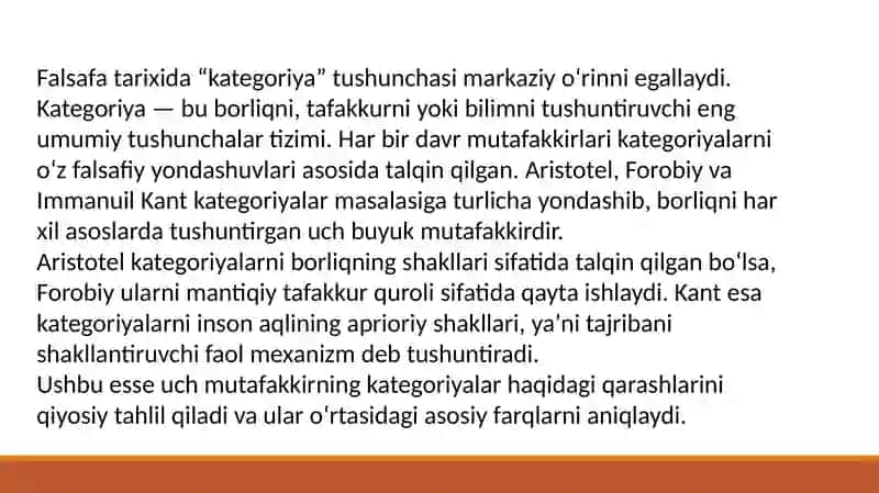 Aristotel, Forobiy va Kant ontologiyasida kategoriyalar tasnifini qiѐsiy tahlil etish va farqlarini aniqlash, esse tayѐrlash, krossvord tayѐrlash. 2