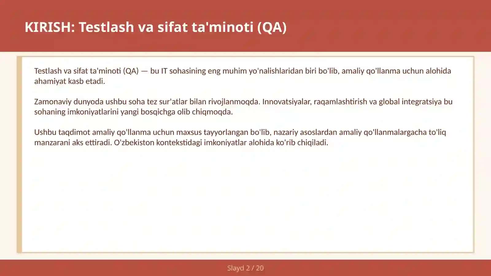 Testlash va sifat ta'minoti (QA) 2