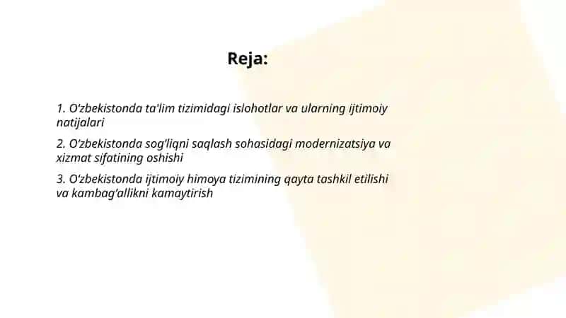 Oʻzbekistonda ijtimoiy sohada amalga oshirilayotgan oʻzgarishlarning mazmun va mohiyati 2