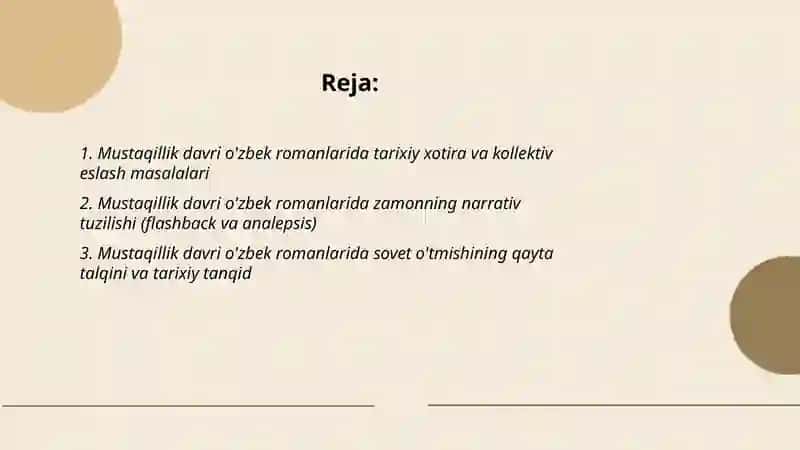Mustaqillik davri o'zbek romanlarida davr, tarix va zamon masalalari 2