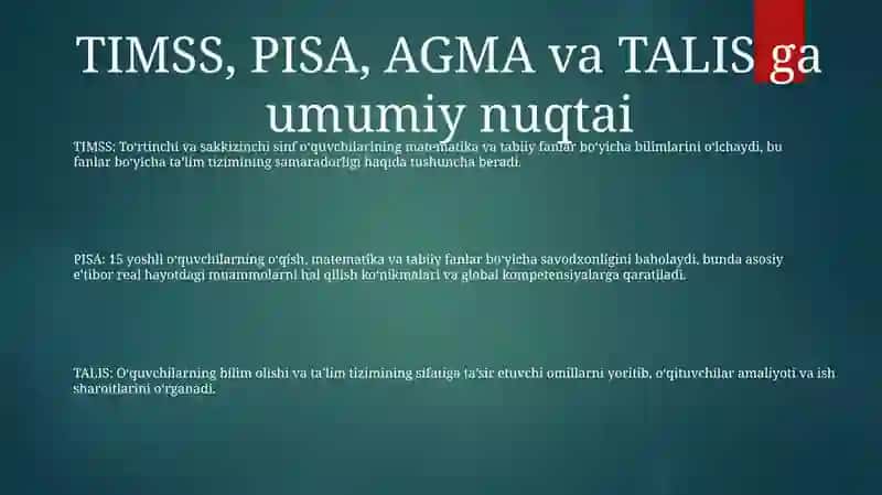 Timss, Pisa, Agma, Talis Xalqaro Baholash Dasturiga Doir Test Namunalari Bilan Tanishtirish 2