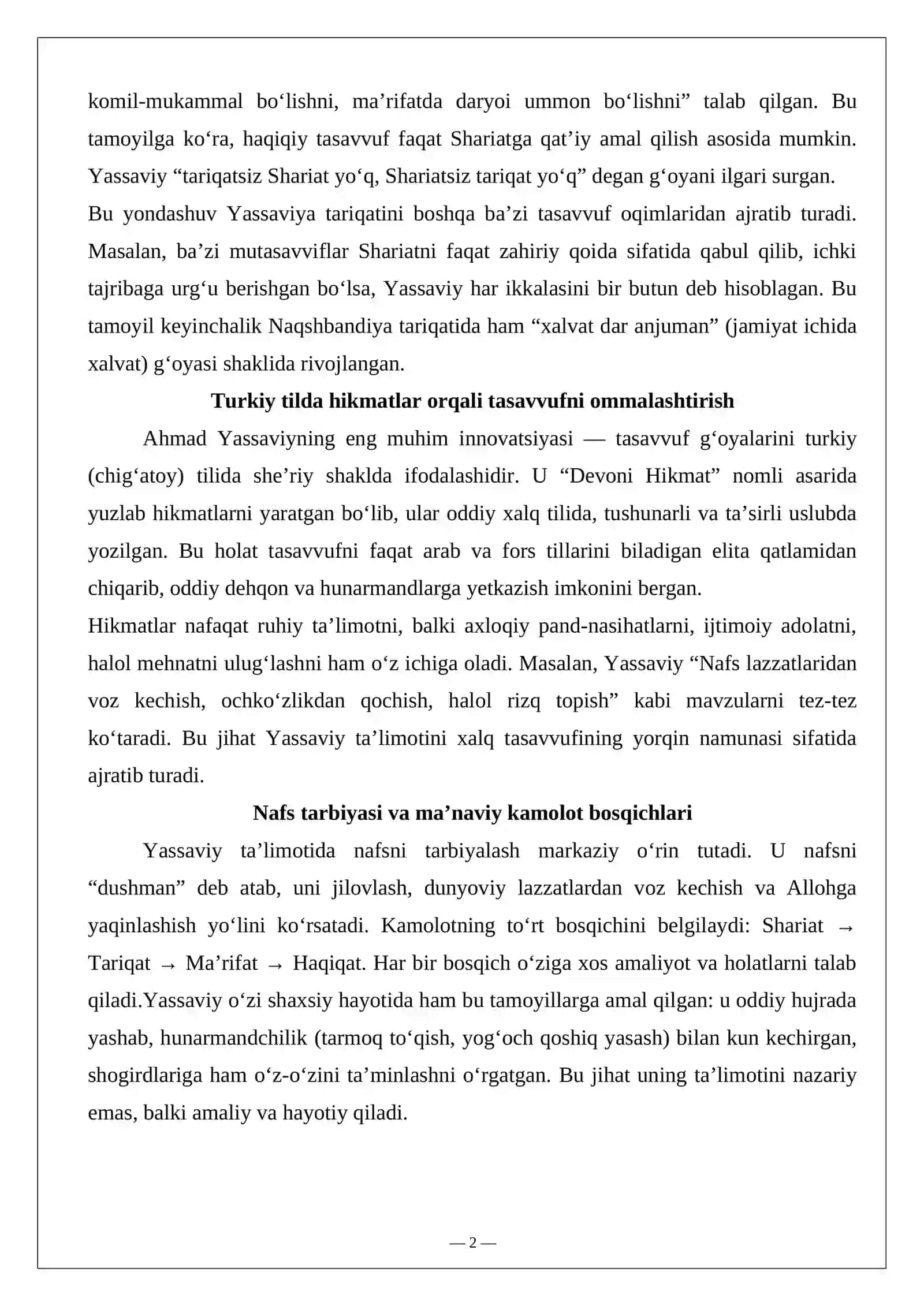 Ahmad Yassaviy ta’limotining o‘ziga xos jihatlari 2