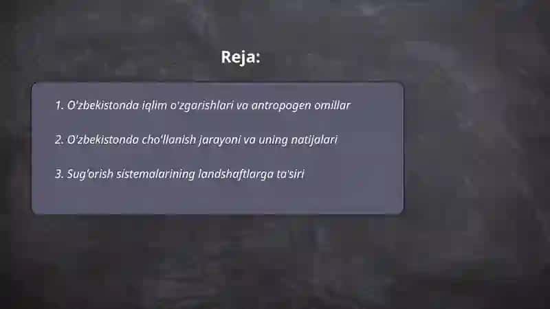 O'zbekistonda landshatlarining antiropogen o'zgarishi va tirik organizimlarga ta'siri 2
