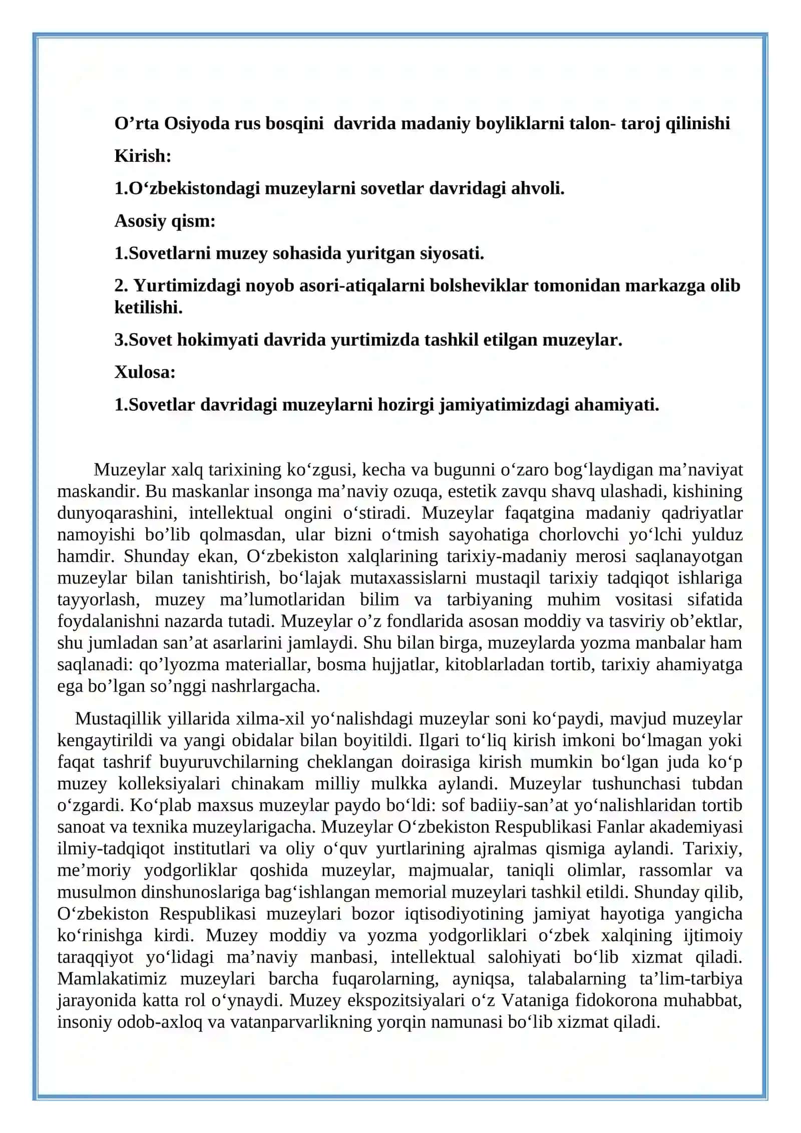 O’rta Osiyoda Rus bosqini davrida madaniy boyliklarni talon-taroj qilinishi 2