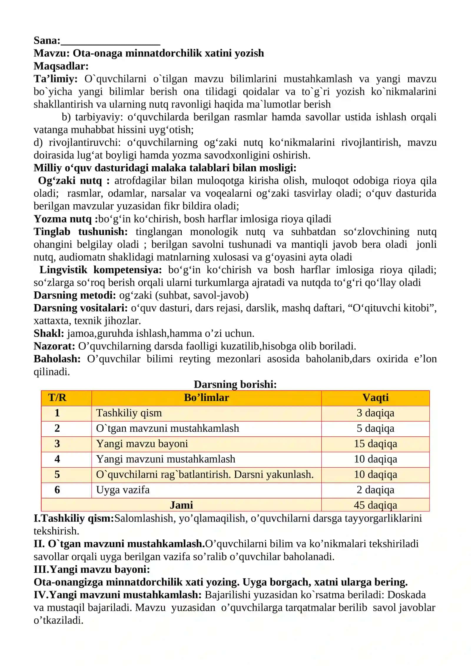 3-sinf Ona tili va o'qish savodxonligi fanidan Ota-onaga minnatdorchilik xatini yozish dars ishlanma 2