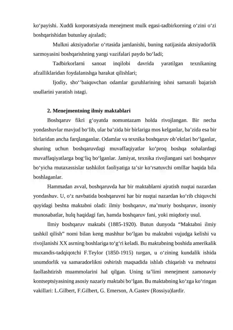 Menejmentning rivojlanish tarixi va hozirgi holati 2