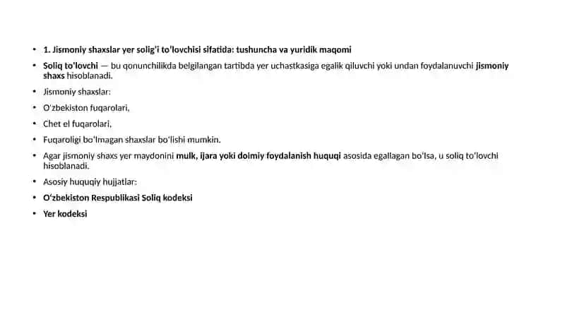 Jismoniy shaxslardan olinadigan yer soligʻi;soliq toʻlovchilar,soliq solish subyekti va soliq bazasi 2