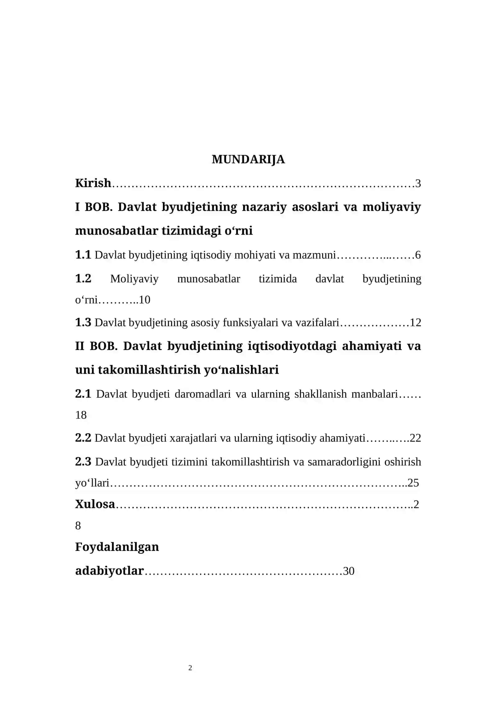 KURS ISHI: Davlat byudjetining umumiy moliyaviy munosabatlar tarkibidagi o’rni va ahamiyati 2