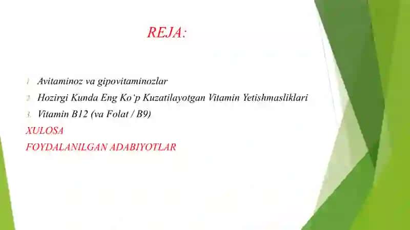 AVITAMINOV VA GIPOVITAMINOZLAR. HOZIRGI KUNDA ASOSAN QAYSI VITAMIN YETISHMASLIGI OQIBATIDA AVITAMINOZ KELIB CHIQAYOTGANI HAQIDA IZLANISH O'TKAZISH 2
