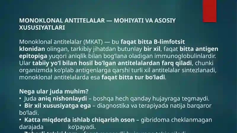 Monoklonal antitelalar,ularning olinishi ,tiplari va amaliyotda qo’llanilishi. Sitokinlar ,interferon. Sintezlanishi,ta’sir mexanizmi 2
