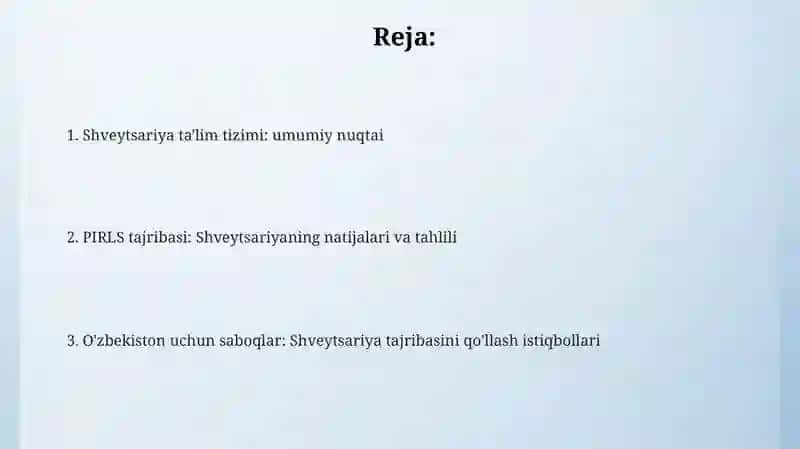Matnni o'qish sifati tushunish darajasini aniqlash bo'yicha xorij tajribasini o'rganish Shvetsariya 2