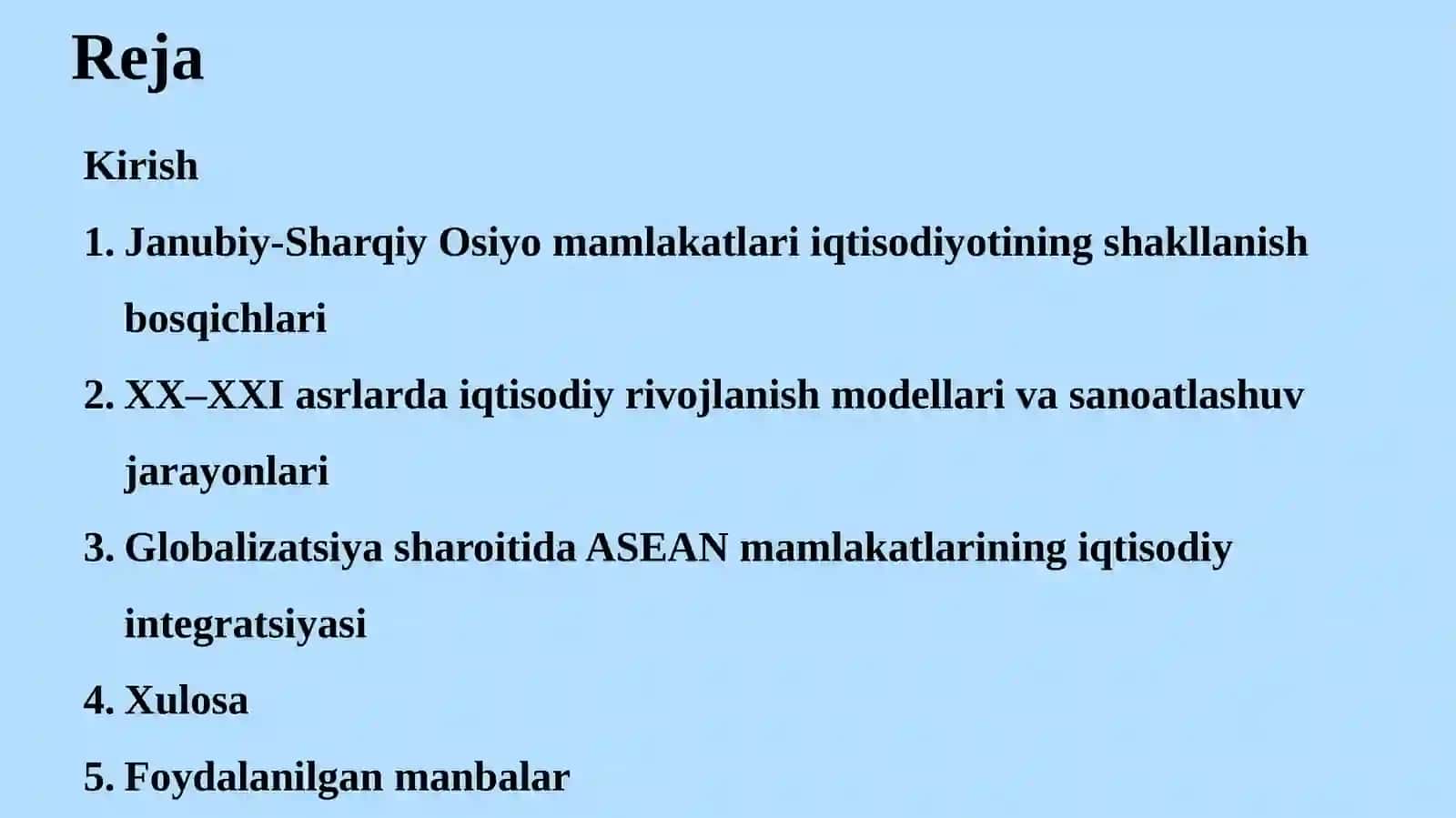 Janubiy-Sharqiy Osiyo Mamlakatlarining XX–XXI asrlardagi iqtisodiy rivojlanish modeli 2