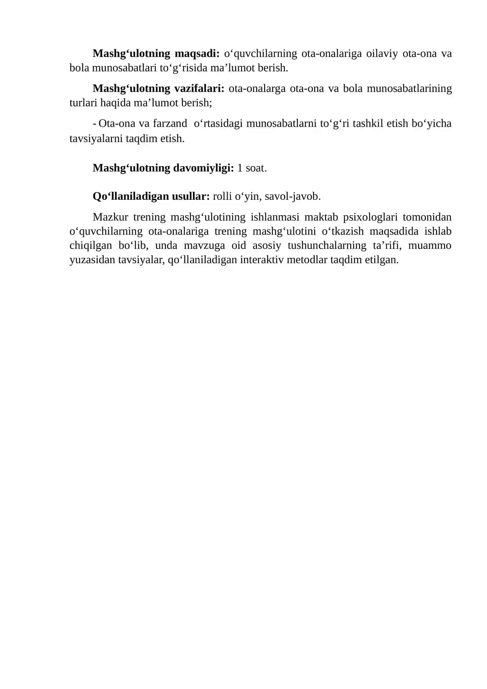 “Ota-ona va bola munosabatlari” mavzusida ota-onalar uchun o‘tkaziladigan seminar-trening ishlanmasi 2