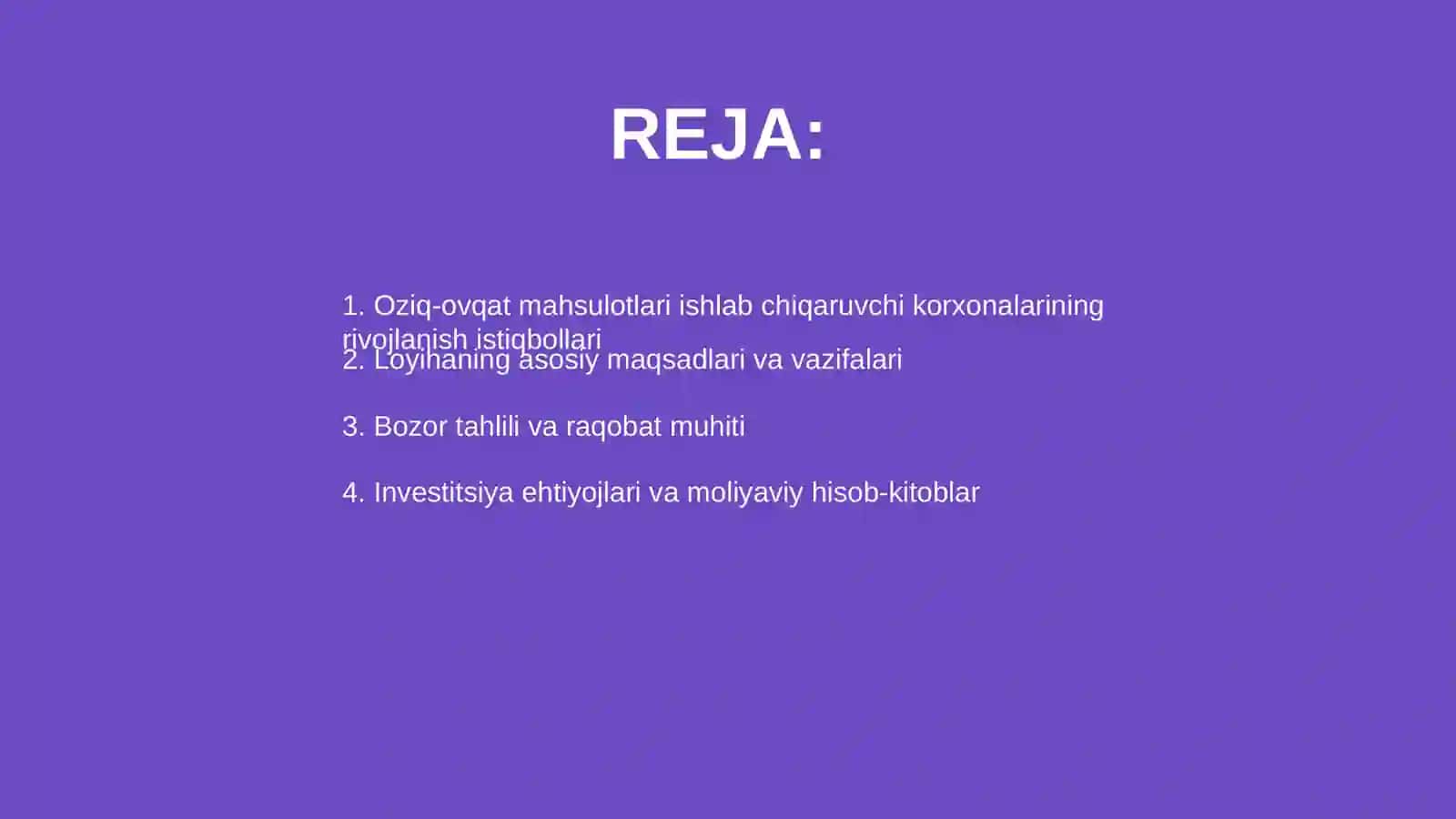 Oziq-ovqat mahsulotlari ishlab chiqaruvchi korxonalarining investitsiya loyihasi 2