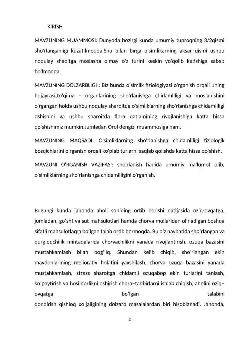 O'simliklarning sho'rlanishga chidamliligi fiziologik asoslari 2