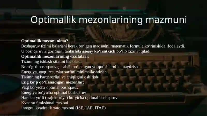 Avtomatik boshqarish sistemalarining optimallik mezoni 2
