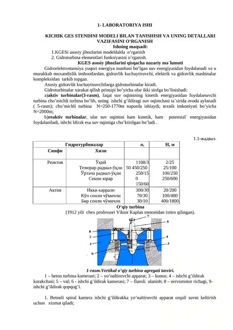 Laboratoriya ISHi KICHIK GES STENDINI MODELI BILAN TANISHISH VA UNING DETALLARI VAZIFASINI O‘RGANISH 2