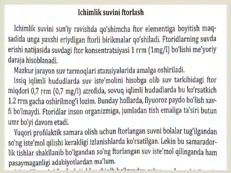 Ichimlik suvini ftorlash, ftorlangan sut. Osh tuzini ftorlash. Kariyes profilaktikasida ftor saqlovchi preparatlarning  qo’llash usullari. Ftorlak, ftor saqlovchi eritma va gellar 2