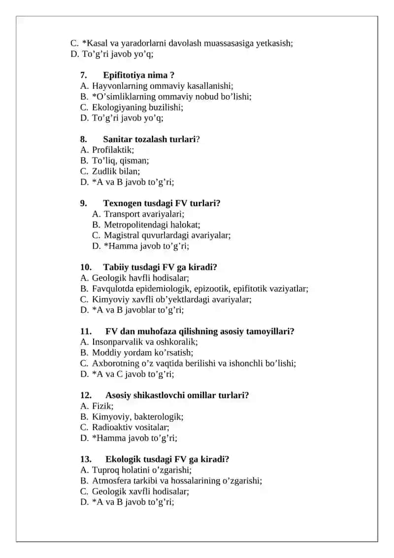FAVQULOTDA HOLATLAR MEDITSINASI FANIDAT TEST 2