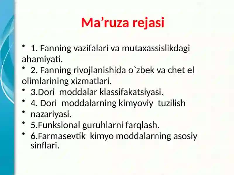 FARMATSЕVTIK KIMYO FANI HAQIDA UMUMIY TUSHUNCHA. DORI MODDALARINI TAHLIL QILISH USULLARI.pptx 2