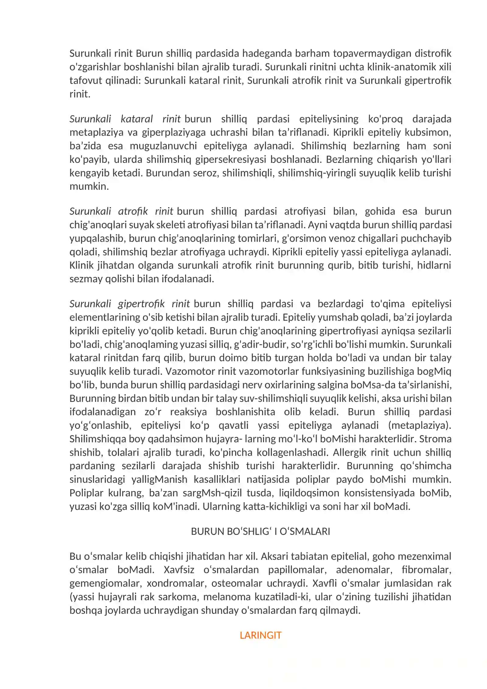Bosh va buyin patologiyasi. Og'iz bo'shlig'i, yuqori nafas yo'llari, quloq, bo'yin va so'lak bezlari kasalliklari 2