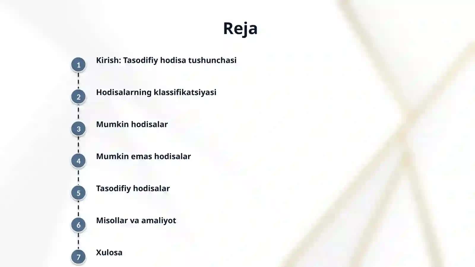 Tasodifiy hodisalar va ularning turlari 5 ta  hodisani  yozing va ularni mumkin, Munkun emas  tasodifiy  hodisaga ajrating 2