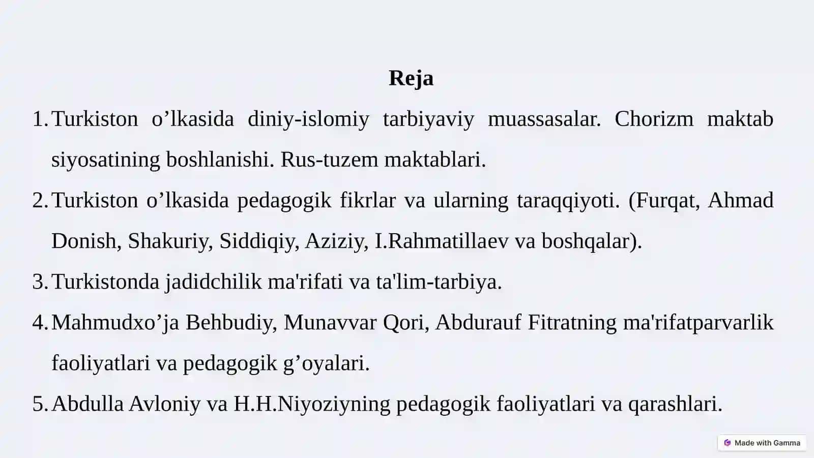 XIX ASRNINGII-YARMI– XX ASRNINGI-CHORAGIDATURKISTON O`LKASIDA TARBIYA, MAKTAB VA PEDAGOGIK FIKRLAR 2