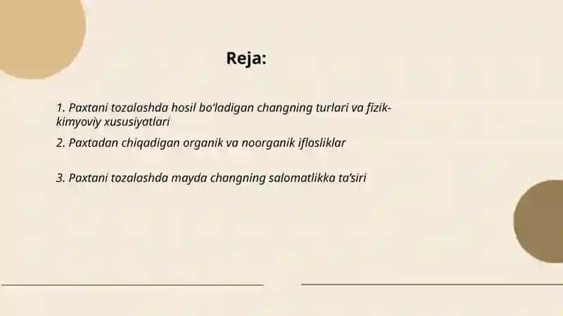 Paxtani tozalash davrida undan chiqayotgan iflosliklar va chang havoni tozalash uskunalari 2