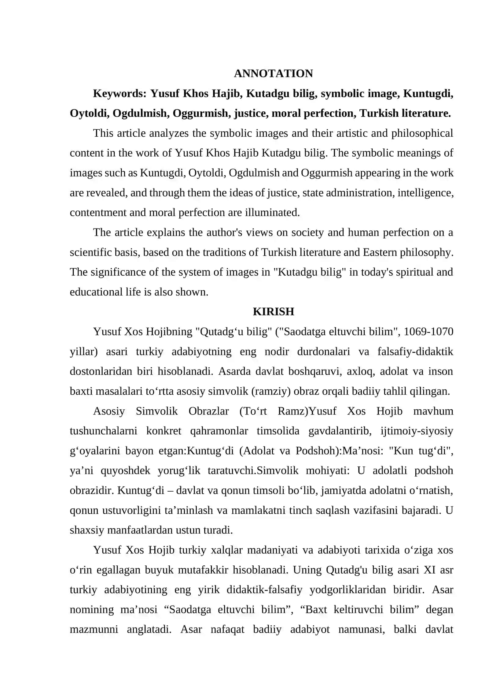 YUSUF XOS HOJIBNING QUTADG'U BILIG' ASARIDAGI SIMVOLIK OBRAZLAR TAHLILI 2