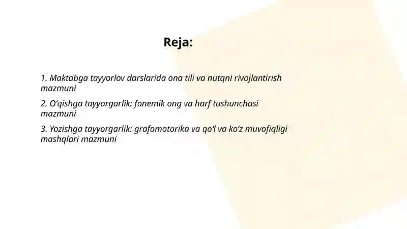 Bolalarni maktabga tayyorlash fanlarini oʻqitish mazmuni 2