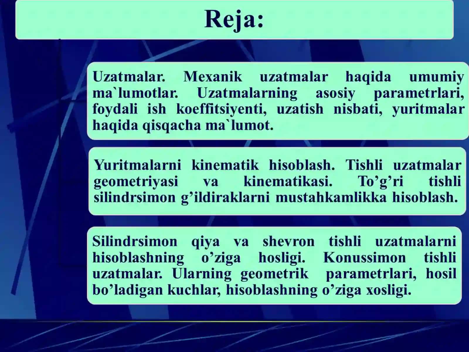 Konussimon tishli uzatmalar. Ularning geometrik parametrlari, hosil bo’ladigan kuch 2
