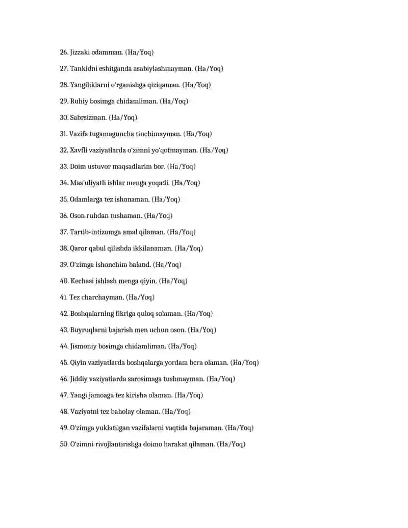 Ichki Ishlar Tizimi Uchun Psixologik Test – 50 Savol 2