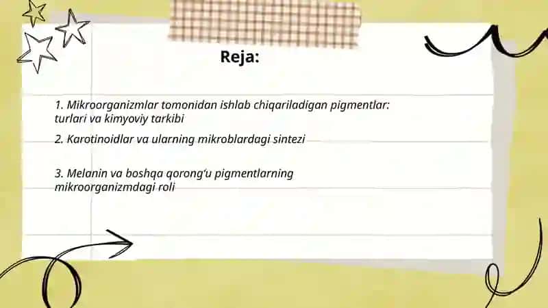 Mikroorganizimlar hayot faoliyati davomida ishlab chiqaradigan mahsulotlar pigmentlar antibiotiklar yorugʻlik issiqlik Qo’chqarova Dinara 2