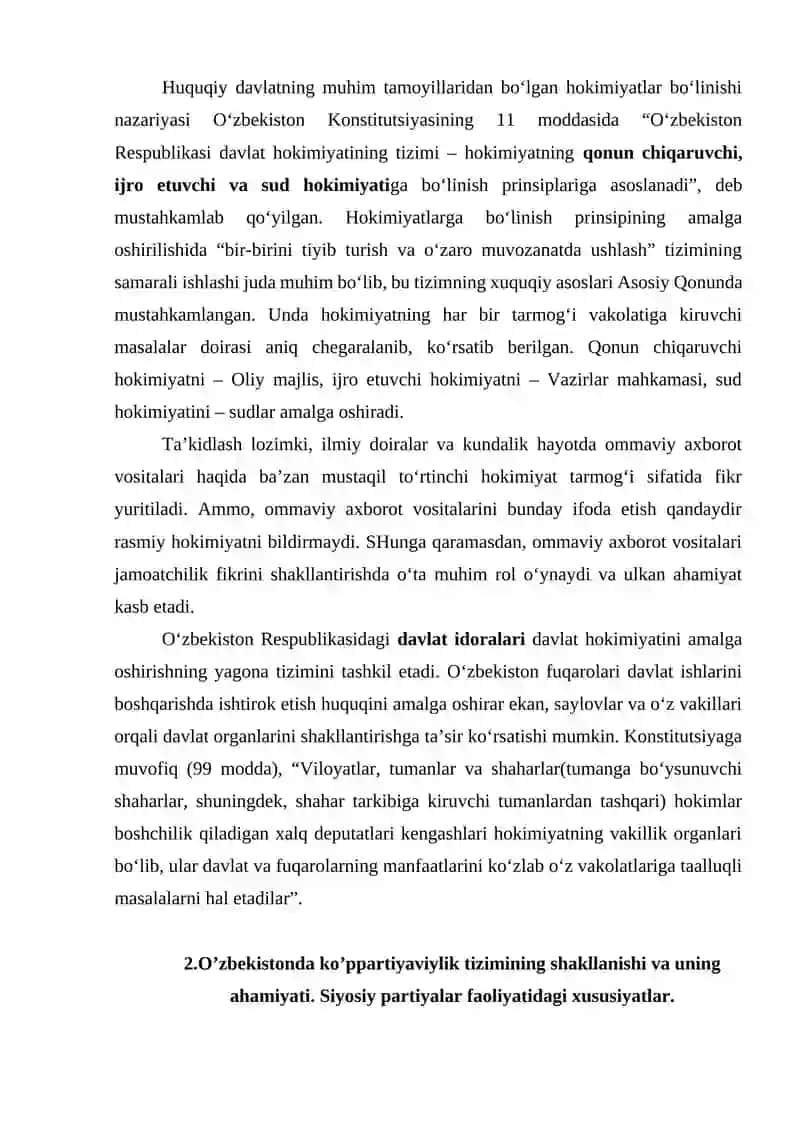 Milliy davlat boshqaruv tizimi. Mustaqil O’zbekistonda hokimiyatlar bo’linishi prinsipi. 2