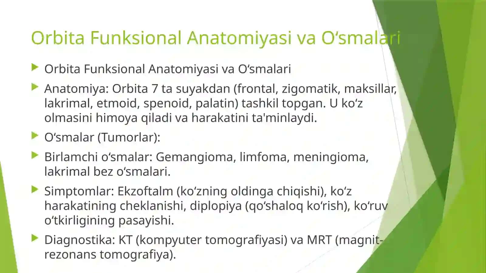 :Orbita funksional anatomiyasi. O'smalari. Kon'yunktiva, sklera va shox pardasi anatomiyasi va kasal 2