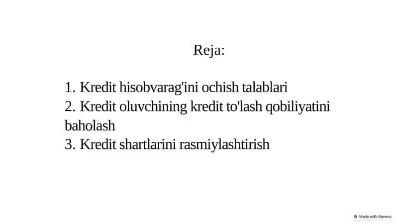 Kredit hisobvarag’ini ochish tartibi, kredit berish va qaytarish operastiyalarining va foizlar undirilishining hisobi. 2