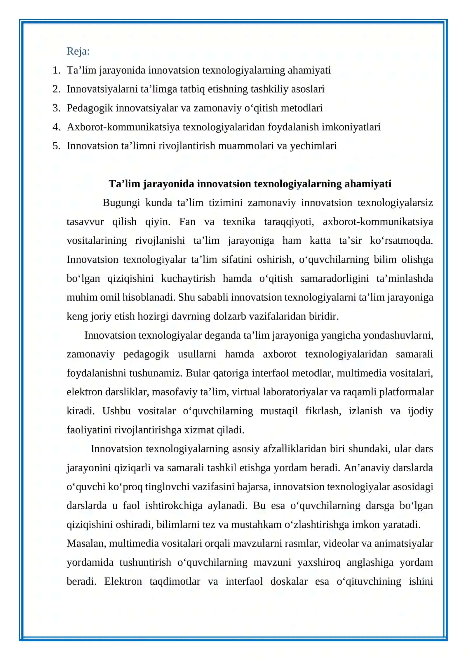 Innovatsiyalarni ta'lim jarayoniga tadbiq etishning tashkiliy pedagagik asoslari 2