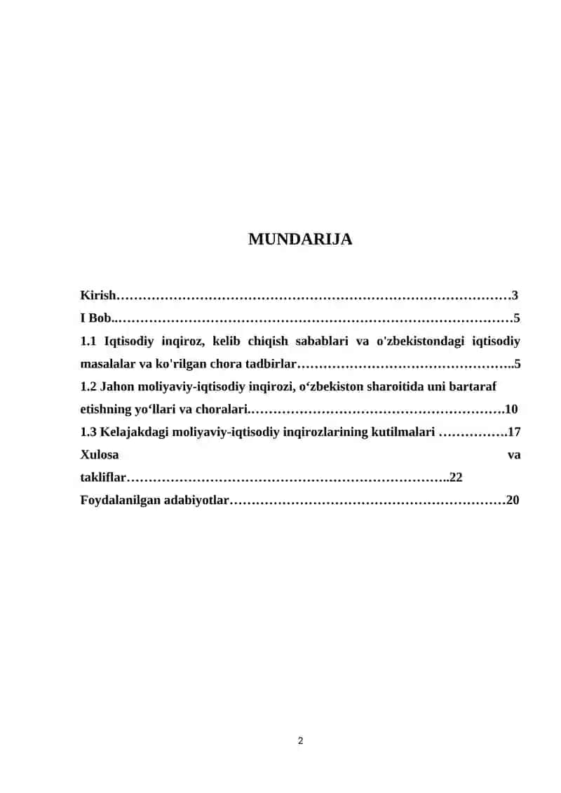 REFERAT ISHI IQTISODIYOTNI DAVLAT TOMONIDAN TARTIBGA SOLISH USULLARI” FANIDAN  Mavzu: “Dunyo mamlakatlarining jahon moliyaviy-iqtisodiy inqiroziga qarshi choralari dasturi.” bo’yicha 2