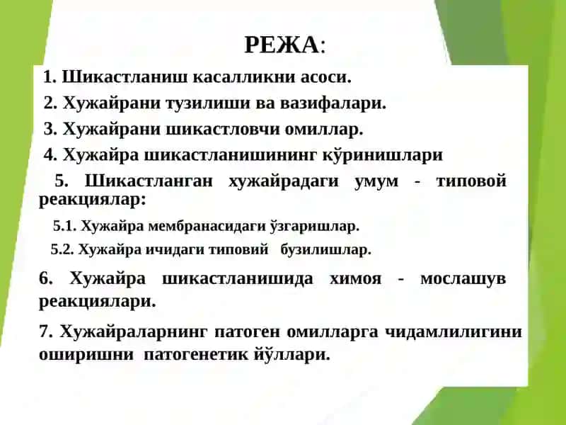 ХУЖАЙРА ШИКАСТЛАНИШИ ВА ФИЗИОЛОГИЯСИ 2