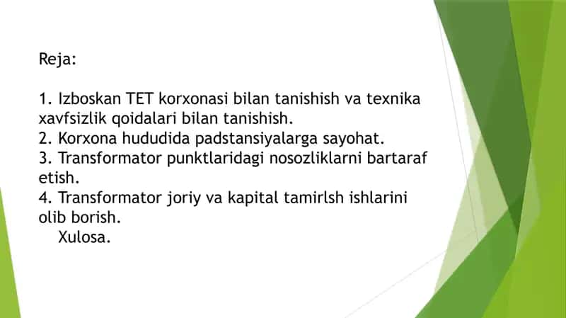 Izboskan tuman elektr tarmoqlari korxonasida ishlab chiqarish amaliyoti bo‘yicha slaydlar 2