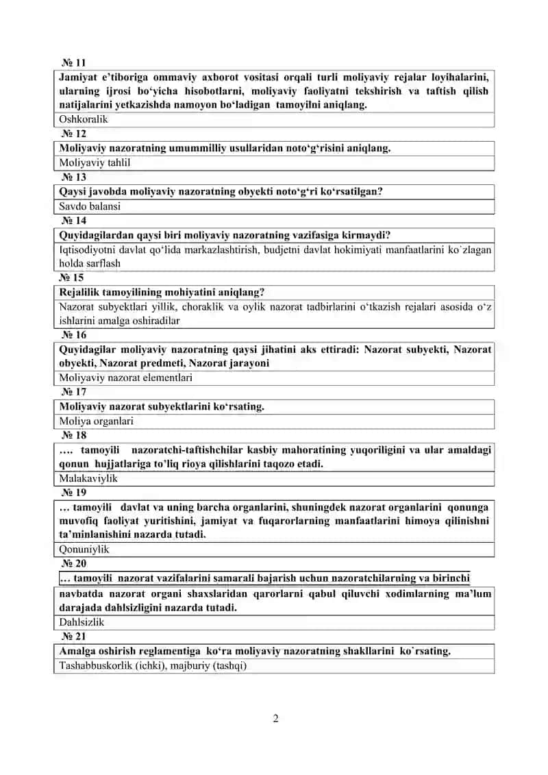 Moliyadan test tog'ri javoblari 2